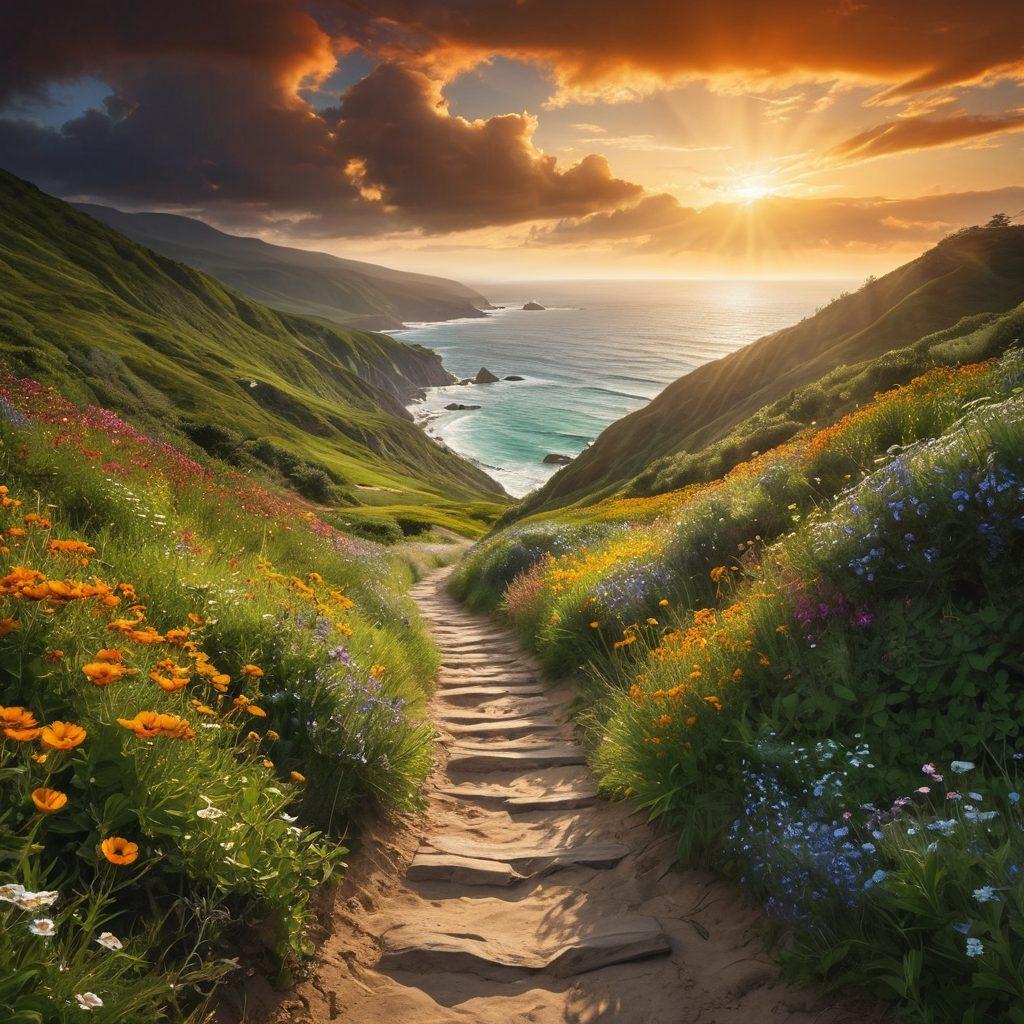 An ethereal landscape transitioning from gloomy, dark clouds to a radiant sunlit horizon, symbolizing the journey from sorrow to joy. Include a winding path leading to a serene beach, lush green mountains, and vibrant wildflowers along the sides. A silhouette of a person with arms outstretched, embracing the warmth of the sun. super-realistic. vibrant colors. peaceful atmosphere.