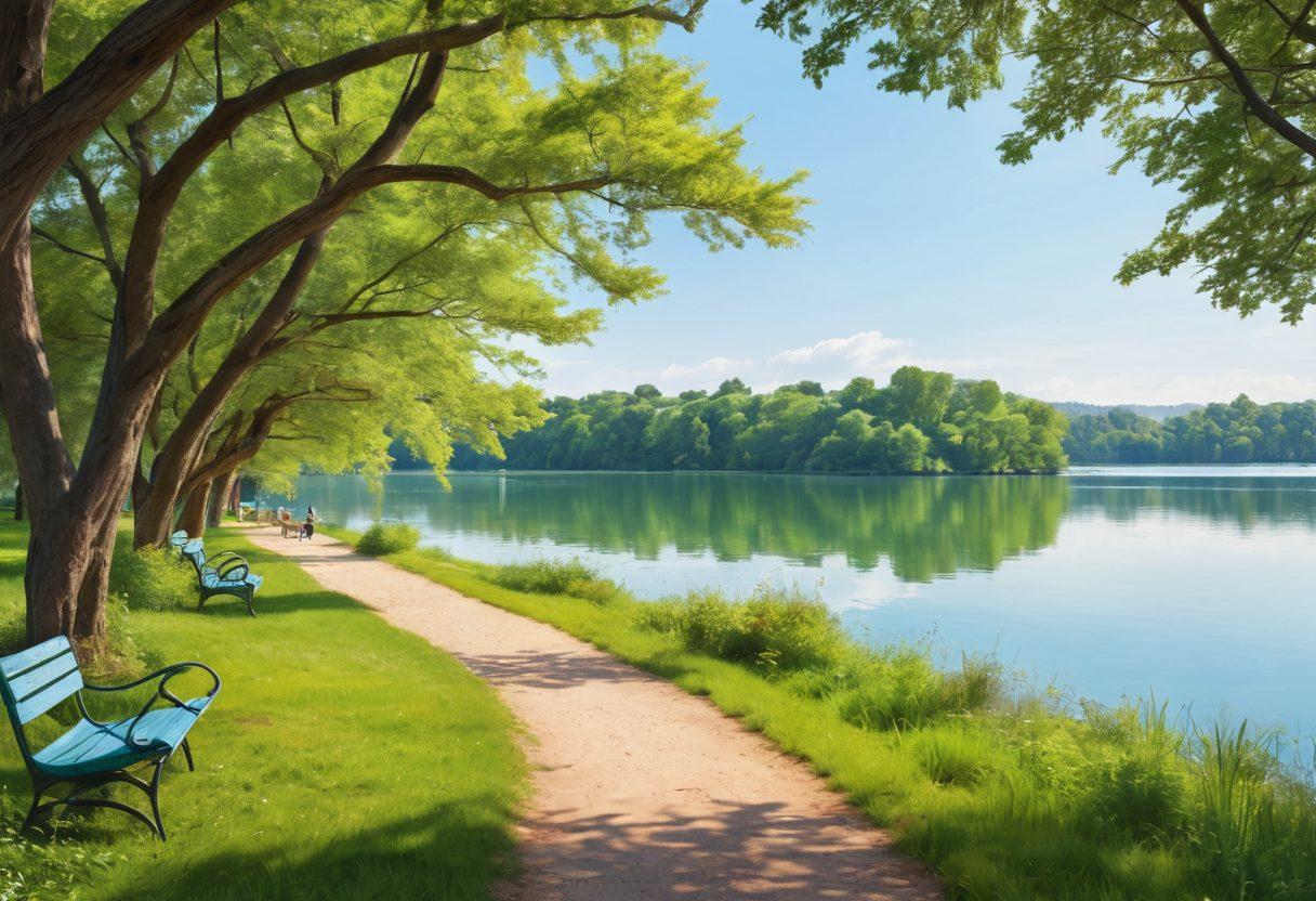 A serene park scene depicting a gentle path winding through lush greenery, with soft sunlight filtering through the leaves, showcasing people smiling and enjoying leisurely activities, like reading and picnicking. In the background, a calm lake with a few leisurely cruise boats gliding along, hinting at joy amidst the beautiful sadness of nature. Paint with a blend of pastel colors to evoke tranquility and hope. super-realistic. vibrant colors. nature-inspired.