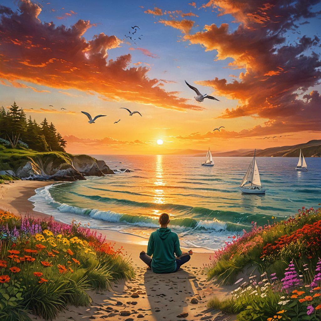 A serene landscape showcasing a tranquil beach scene with gentle waves lapping at the shore, complemented by lush green hills in the background. An individual, smiling broadly, is meditating near the water's edge, surrounded by blooming wildflowers. The sky is a gradient of warm sunset colors, reflecting tranquility and joy. Incorporate elements like seagulls flying overhead and distant sailboats on the horizon. super-realistic. vibrant colors. peaceful atmosphere.